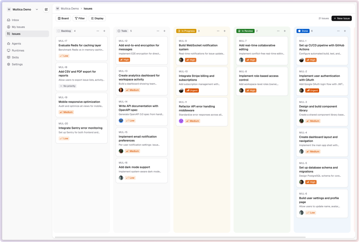Screenshot of the Multica UI showing a shared thread with a mix of human and agent participants coordinating work.